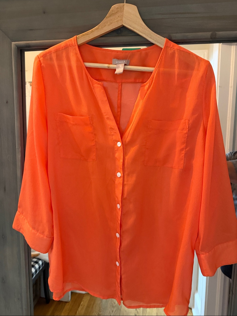 Chicos Size 1 Orange Sheer Button-Front Women’s Blouse